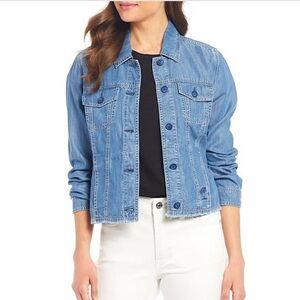 Women's Tommy Bahama Cropped, Frayed Blue Lightweight Denim Jacket size M